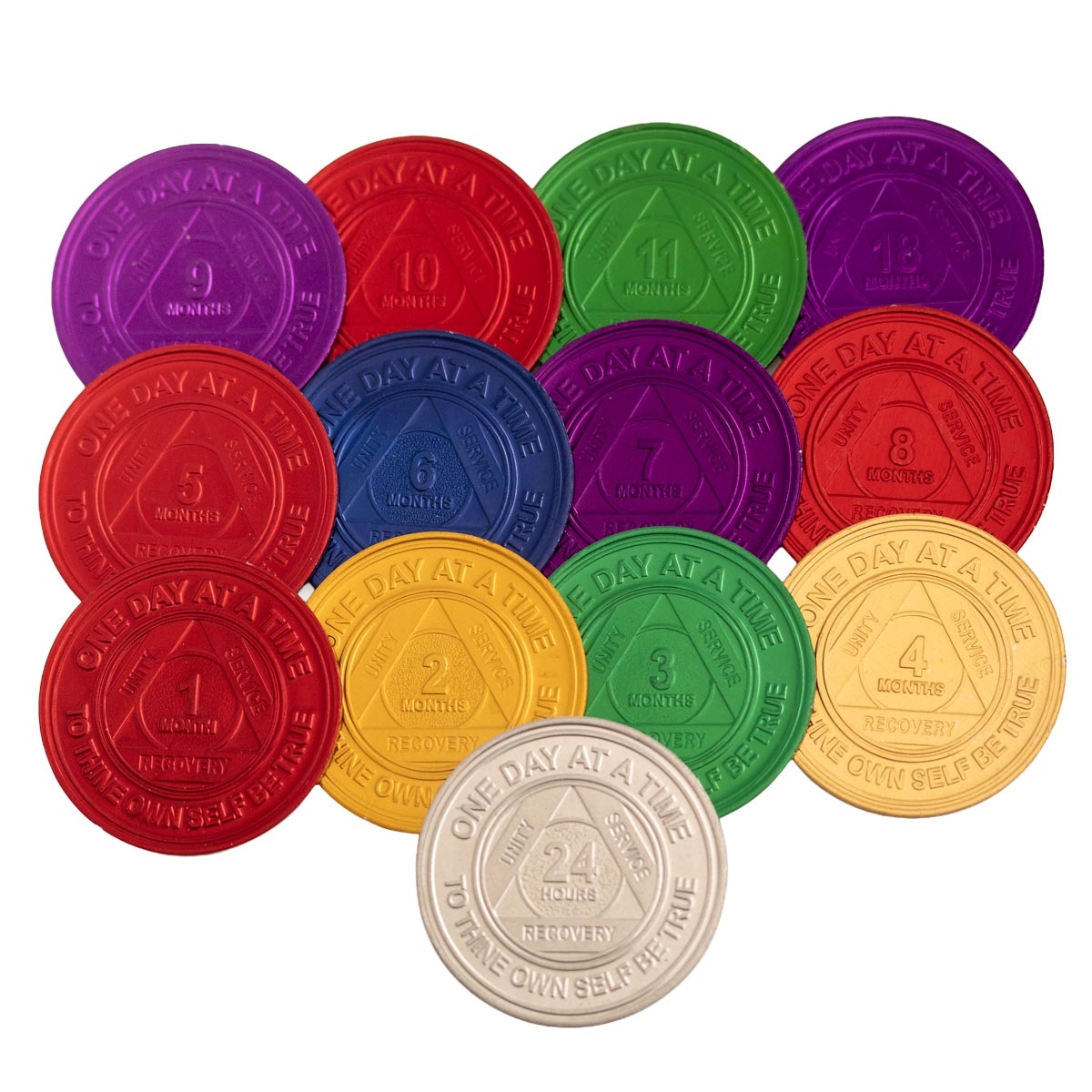RE Aluminum AA sobriety chips with silver 24 Hours chip and colorful monthly recovery chips