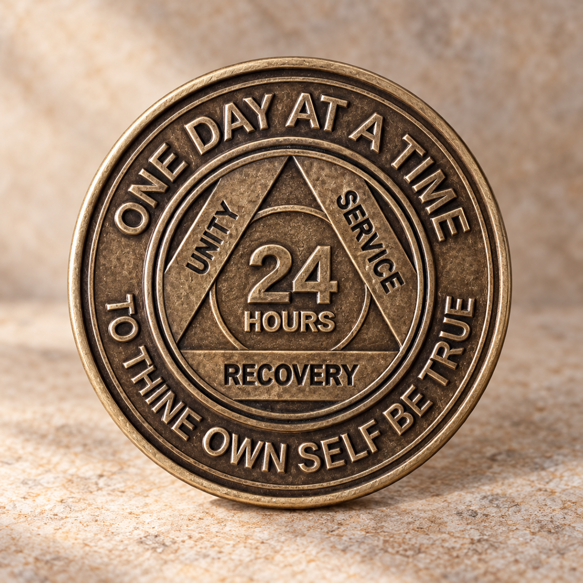 RE Bronze 24 Hour AA sobriety medallion on a warm neutral background