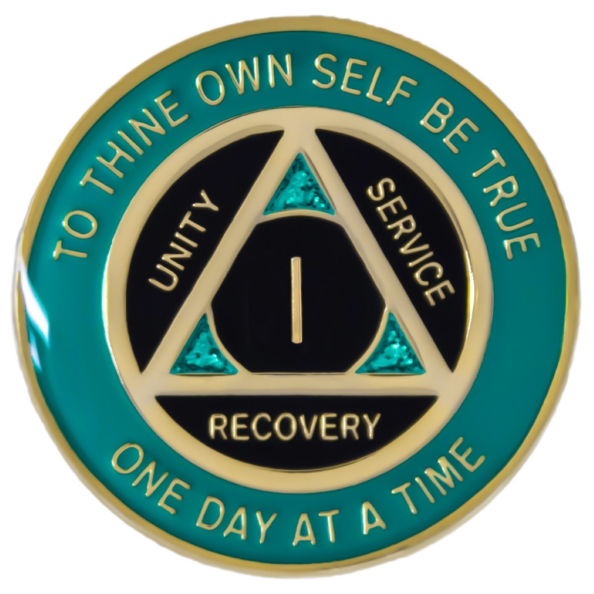 Teal Sparkle and Black on Gold 1 Year AA sobriety medallion